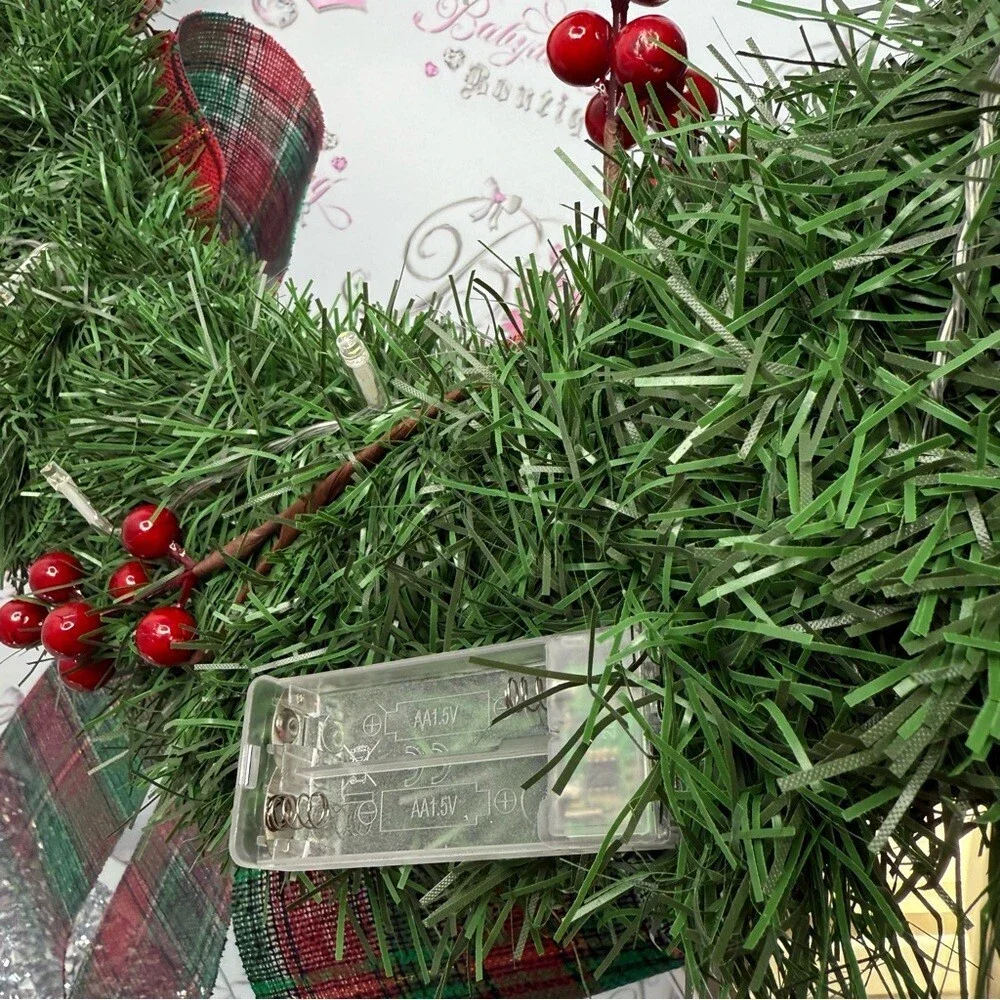 Wreath light up Festive Holiday Wreath acorns Red and Green Plaid Bow lights